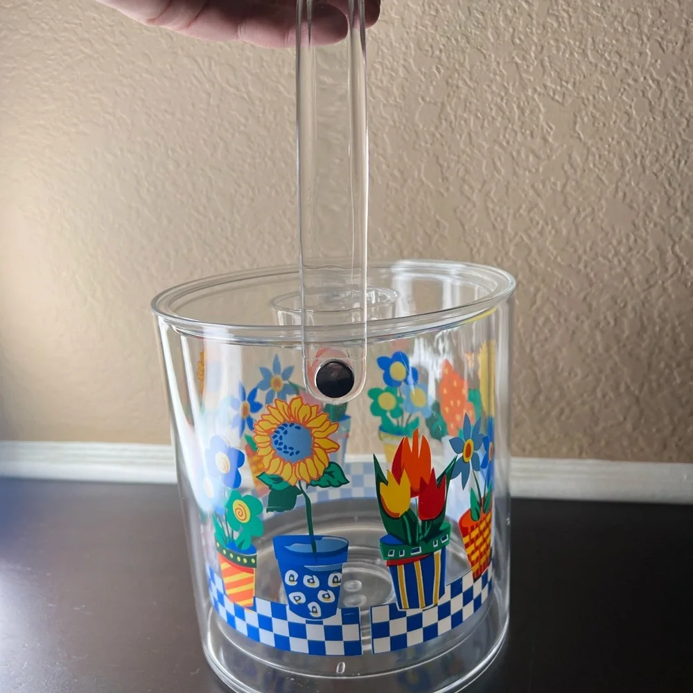 Vintage 1990's Colorful Floral Acrylic Ice Bucket | Double Wall Insulated